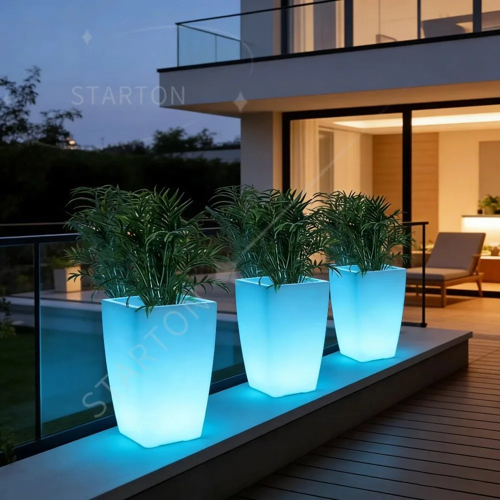 Round Shape  Illuminated LED Tall Big Led Glow Flower Pot Solar Garden Lights Outdoor Floor Lamp Led Flower Planter