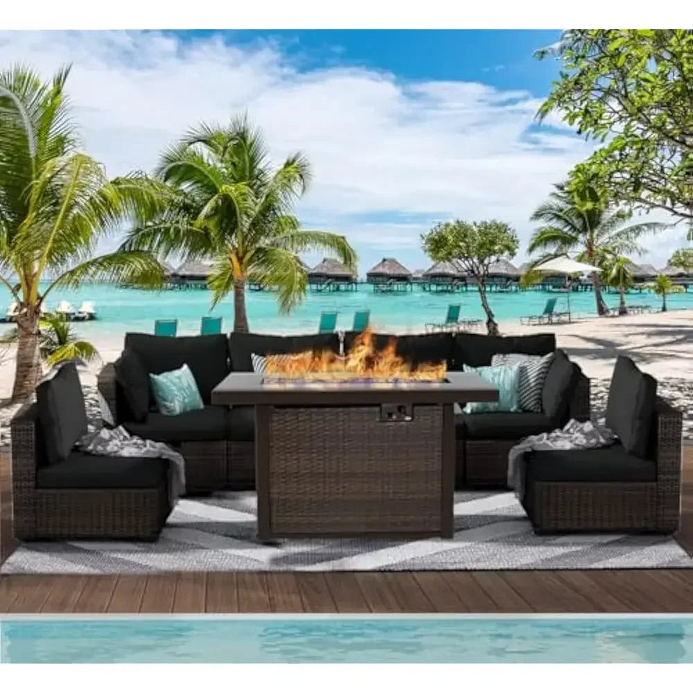 /Garden Furniture 7 Pie Set with Fire Pit Table, Rattan Outdoor Patio Sectional Conversation Furniture Sets WSeat Cushions