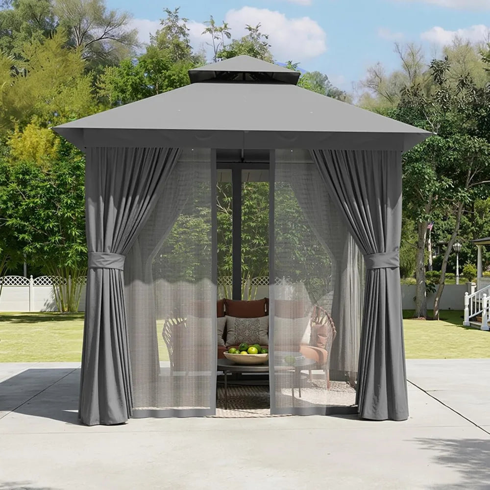 tu- Outdoor Gazebo Metal Frame Double Roof Heavy Duty Mosquito Netting Privacy Screen Patio Garden Lawn Deck, Custom-