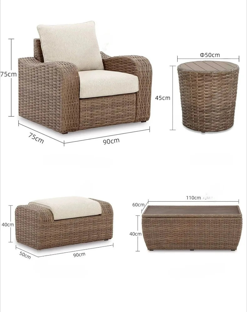 Outdoor PE Rattan Sofa Table Set, Waterproof Sun‑Resistant Patio Furniture for Garden, Balcony and Backyard Leisure Use