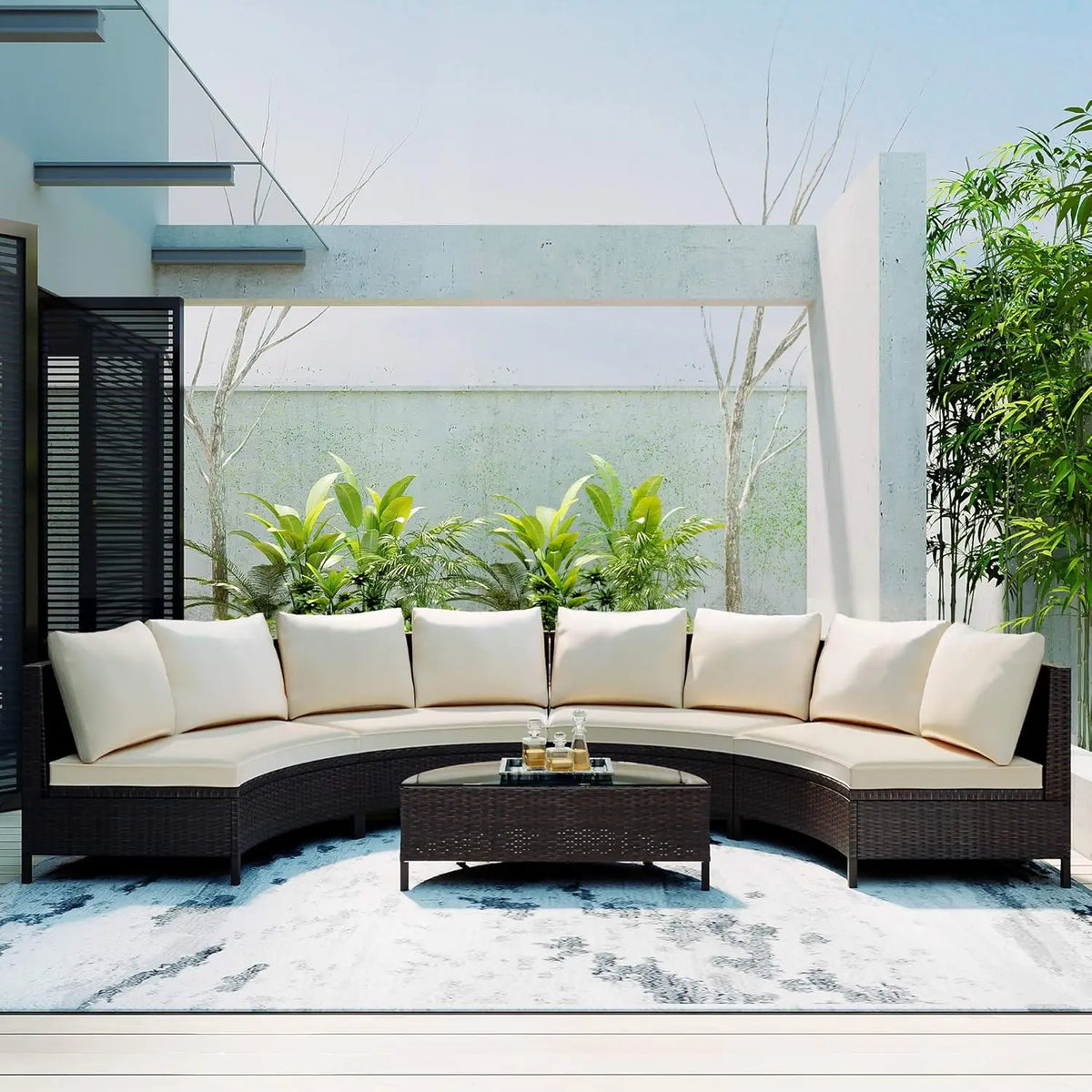 7 Piece Outdoor Patio Furniture Sofa Sets,All Weather Rattan Conversation Sofa Set with Striped Green Pillows/Tempered, Custom