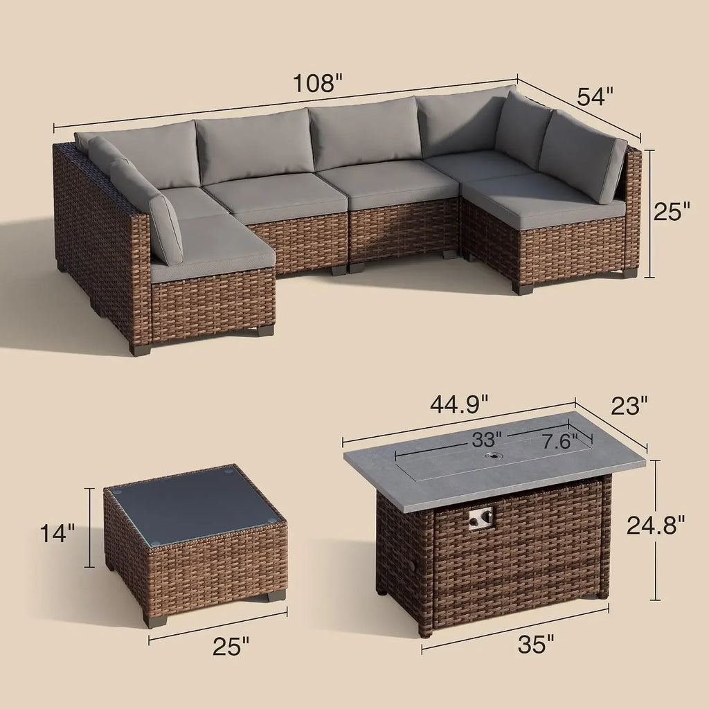 Qsun 8 Pieces Outdoor Patio Furniture Set with 44.9" Fire Pit Table, All-Weather Wicker Outdoor Patio Sectional Set with Coffee