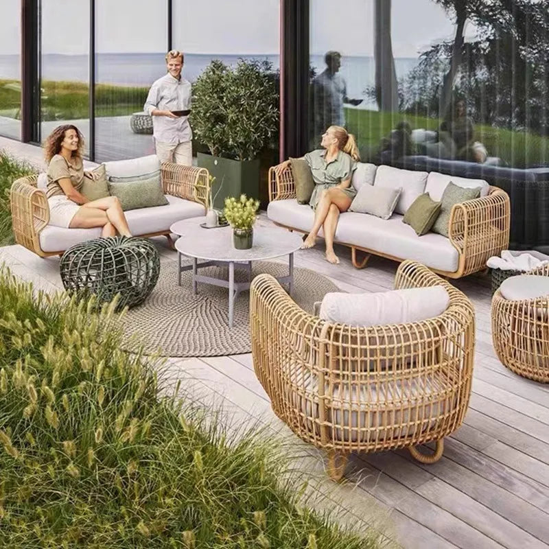 Outdoor rattan sofa coffee table combination courtyard garden terrace casual woven rattan chair outdoor waterproof and sunscreen