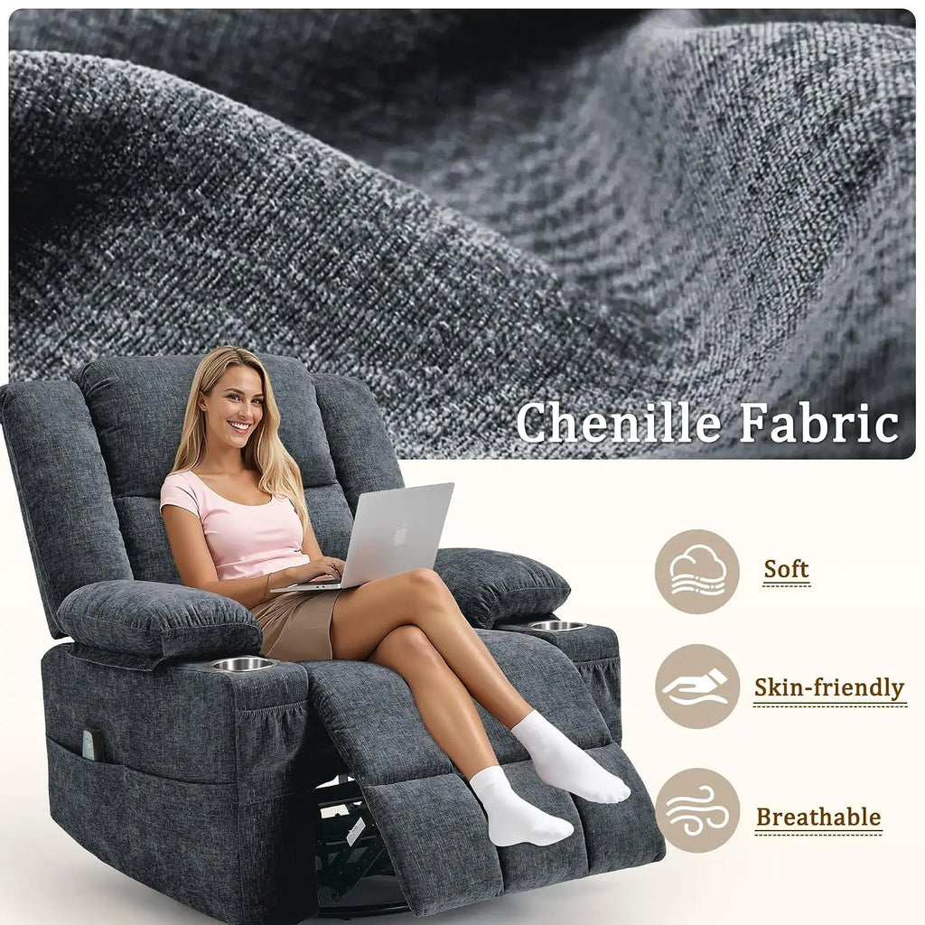 360° Swivel Rocker Recliner for Adults, Nursery Glider Recliner with Massage and Heating, Rocking Chair with Cup, Custom