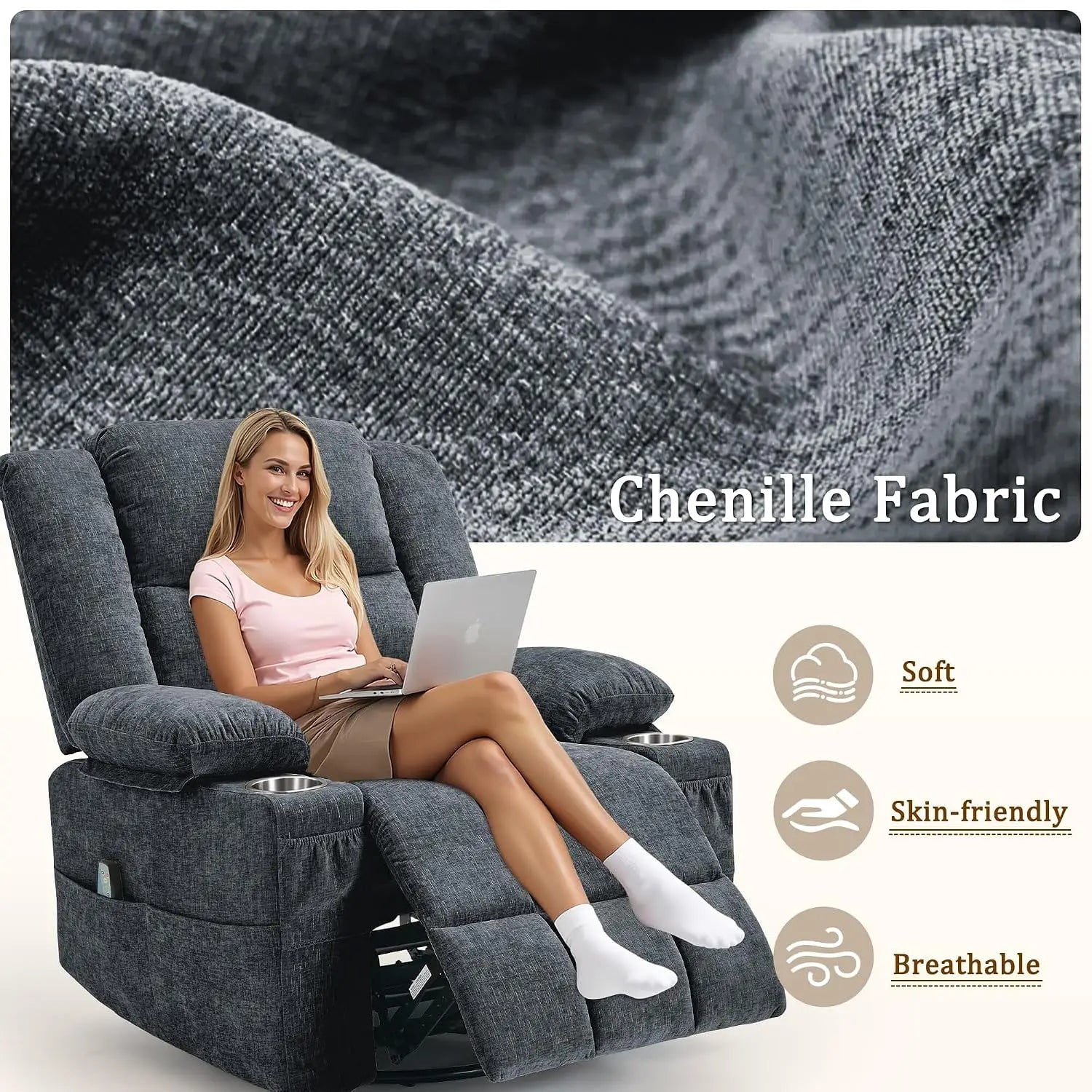 360° Swivel Rocker Recliner for Adults, Nursery Glider Recliner with Massage and Heating, Rocking Chair with Cup, Custom