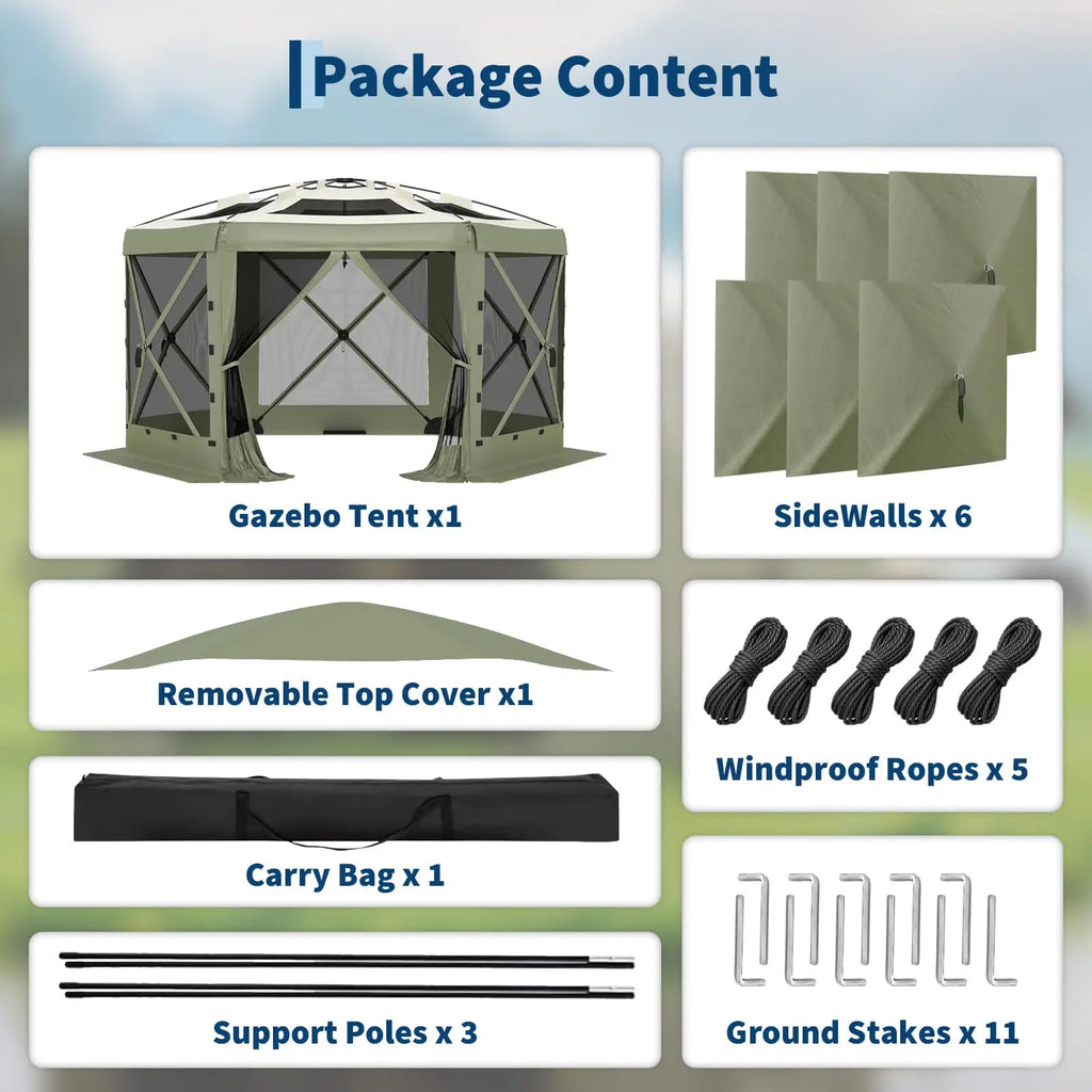 Portable Collapsible Gazebo Screen Tent – 6-Sided, 13FT/11FT, Removable Canopy Top, Bite-Proof Mesh, All-Weather Outdoor Shelter for Camping, Patio, Backyard