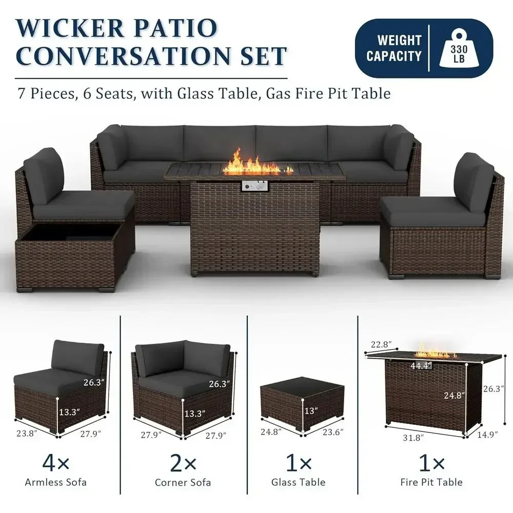8-Piece Outdoor Patio Furniture Set with 44 Fire Pit Table, Rattan Sectional, Coffee Table, Waterproof Covers, Gray