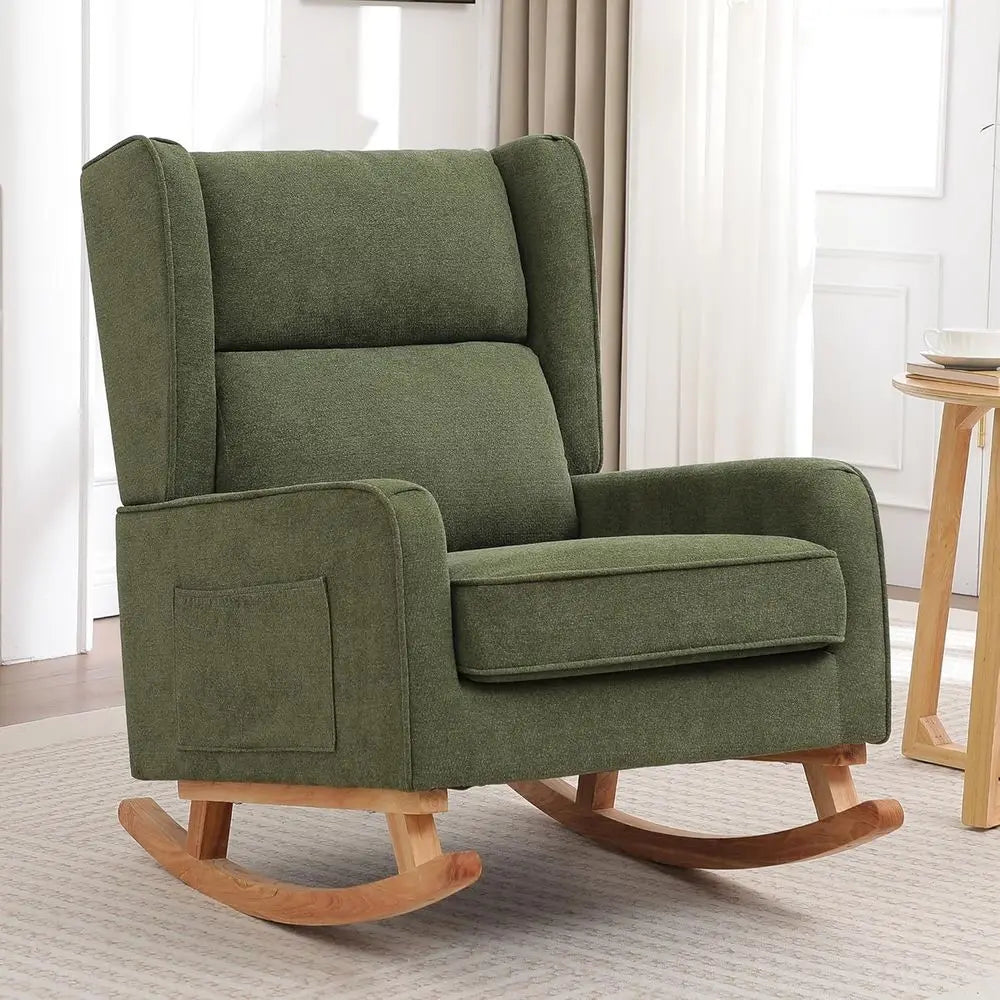 High-Back Solid Wood Nursery Rocking Chair with Wingback Accents for Comfortable Reading in Living Room or Bedroom