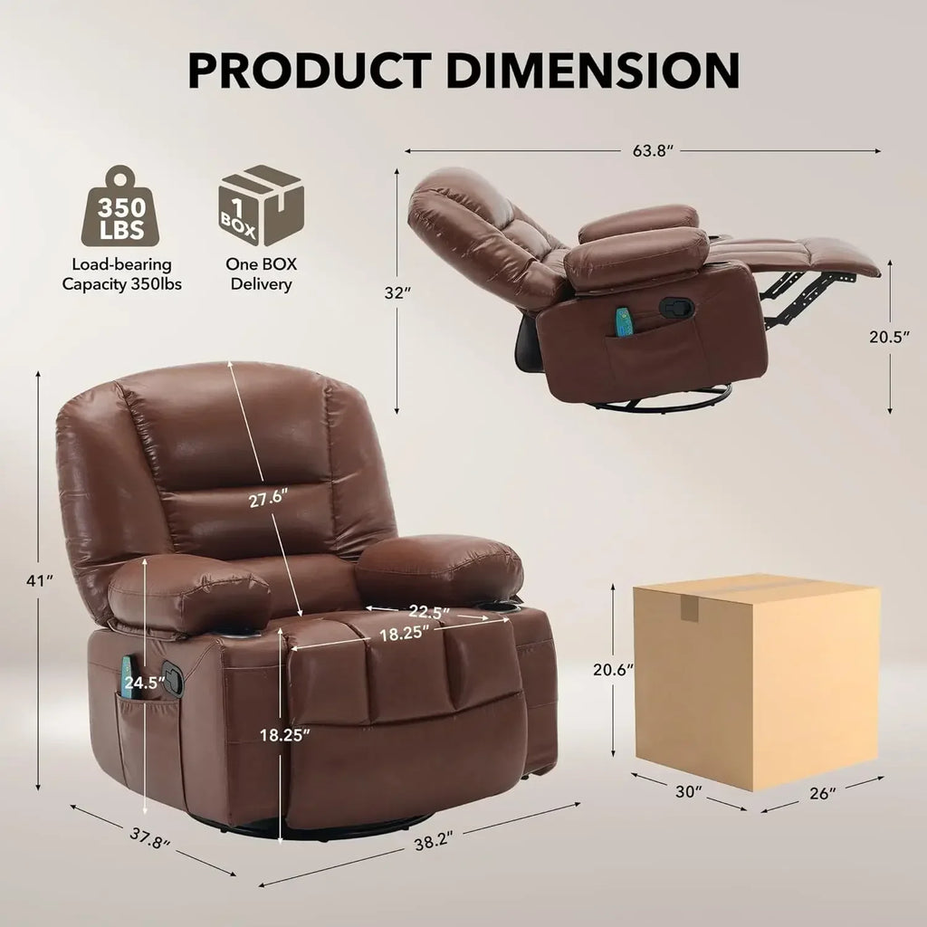 Brown 360 Swivel Rocker Heat Vibration Massage Oversized Wide Recliner PU Leather Manual Adult Chair With Cup Holders Side Pocke