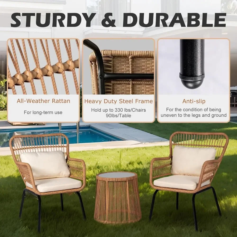 3 Piece Outdoor Wicker Furniture Bistro Set, Rattan Chairs Conversation Porch