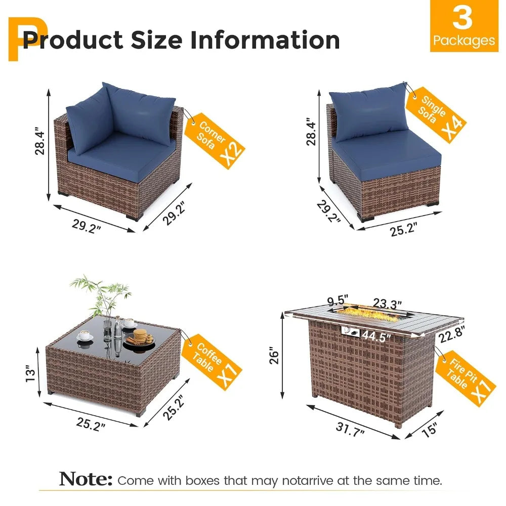 8-Piece Wicker Patio Furniture Set with 44" Fire Pit Table for Outdoor Garden, Custom