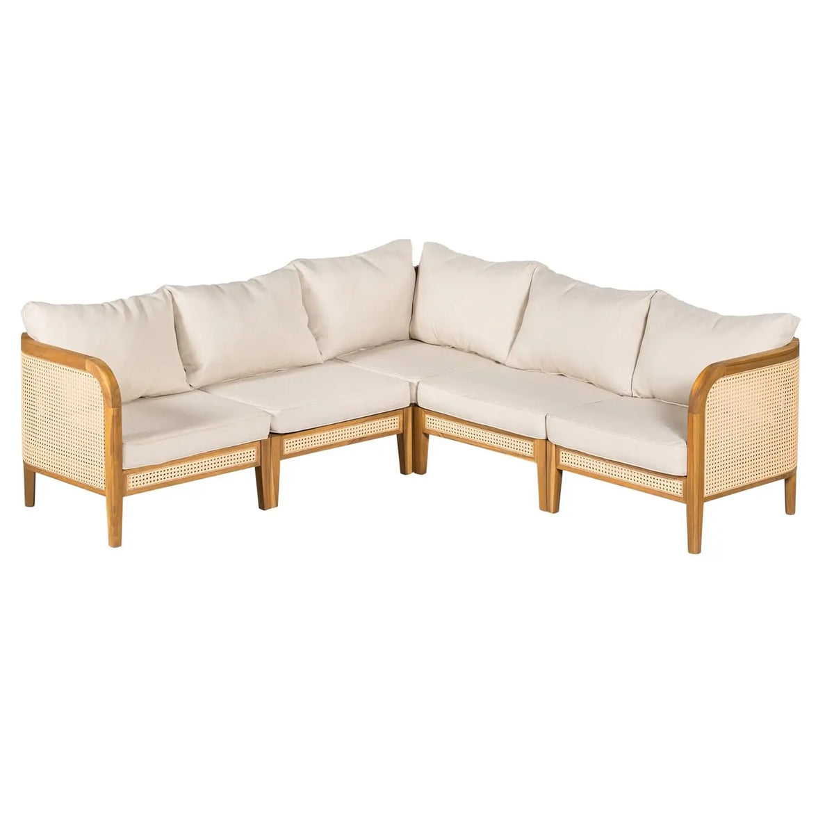 5 Piece Patio Outdoor Furniture Set, All-Weather Rattan Wicker L-Shaped Sectional Sofa w/Cushions, Acacia Wood, Customized