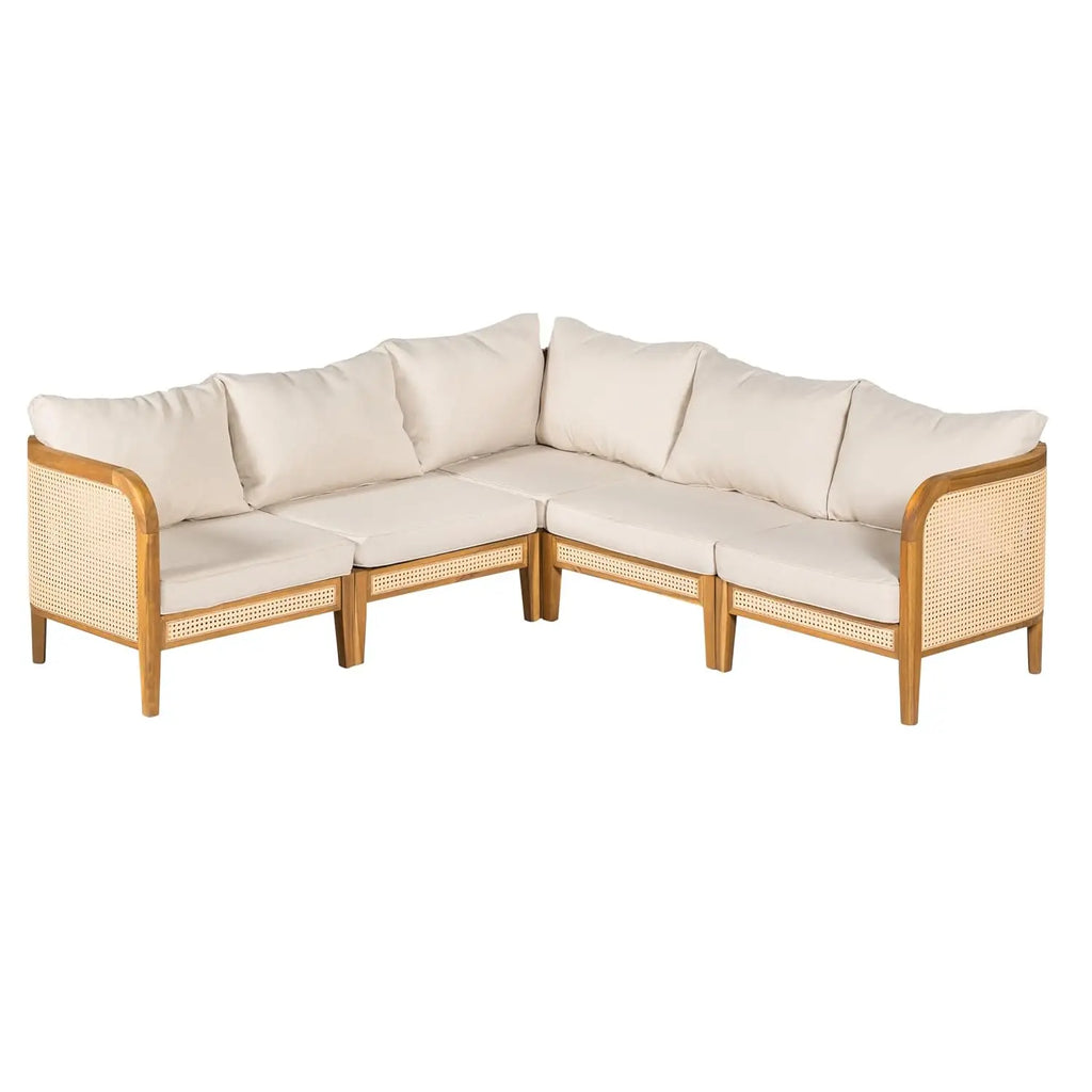 5 Piece Patio Outdoor Furniture Set, All-Weather Rattan Wicker L-Shaped Sectional Sofa w/Cushions, Acacia Wood, Customized