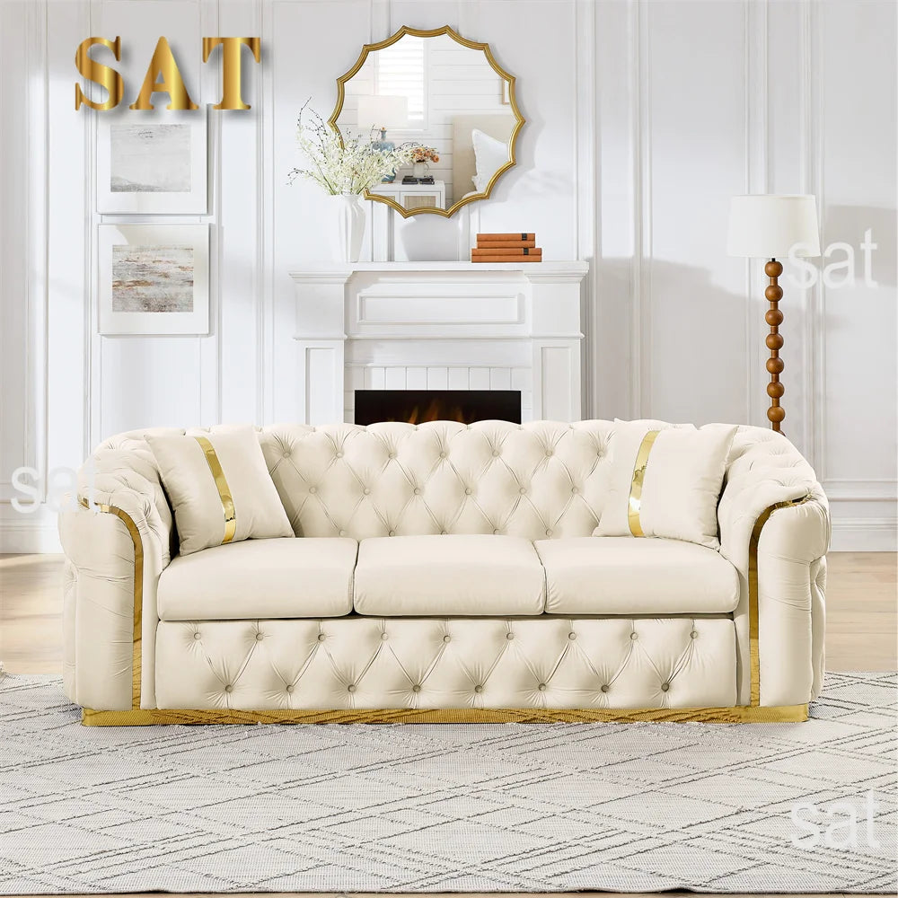 #￥Custom Velvet Button Tufted Sofa Couch with 2 Pillows 3 Seater Luxury Chesterfield Sofa Set with Gold Stainless Steel Accents