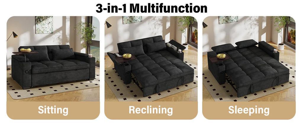 65" 3-in-1 Folding Convertible Sofa Bed with 360° Swivel Side Table, Pull Out Couch USB Charging, Modern Corduroy Chenille, Black