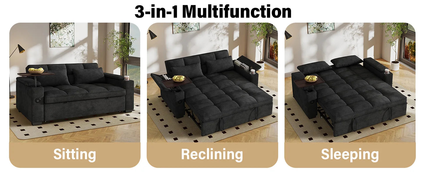 65" 3-in-1 Folding Convertible Sofa Bed with 360° Swivel Side Table, Pull Out Couch USB Charging, Modern Corduroy Chenille, Black