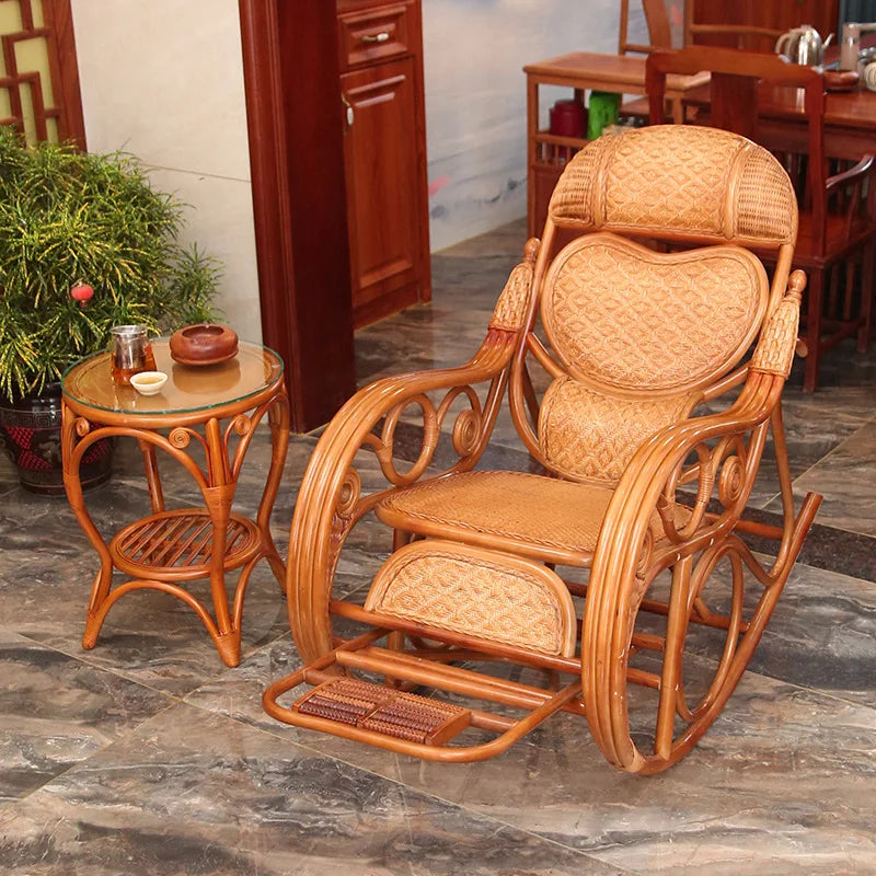 natural real rattan happy elderly solid wood rocking balcony household rattan rocking chair rattan