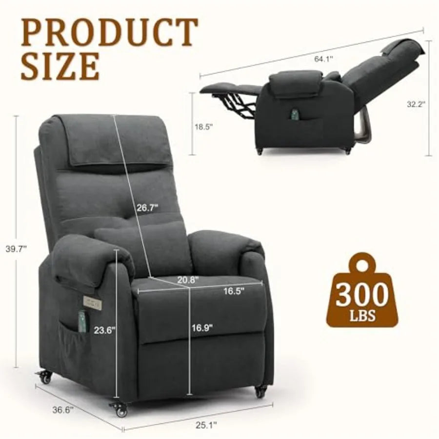 Power Recliner Chair for Adults, Recliner for Small Spaces with Rollers, Electric Chair with Massage and Heat, USB and Type-C C