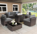 u*-8 Pieces Patio Furniture Set With 44" Propane Gas Fire Pit Table, Outdoor Sectional Brown Rattan Wicker, Customized