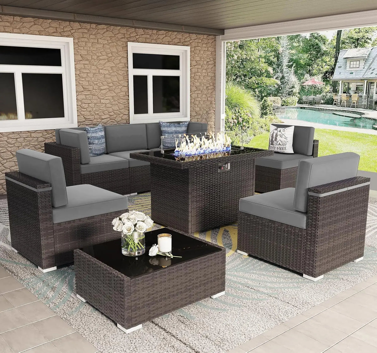u*-8 Pieces Patio Furniture Set With 44" Propane Gas Fire Pit Table, Outdoor Sectional Brown Rattan Wicker, Customized