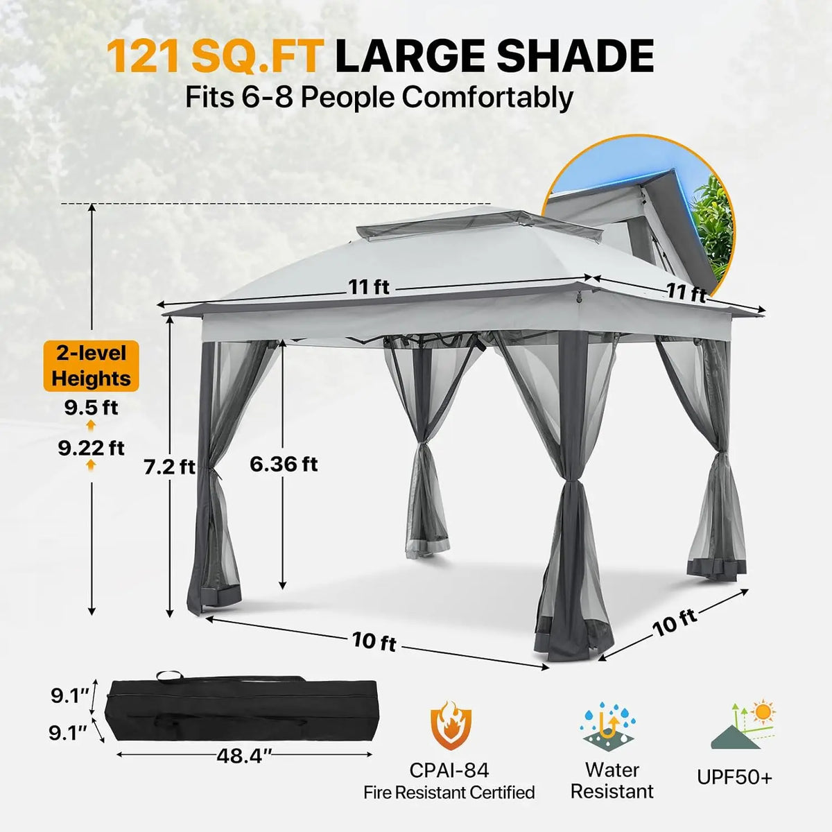 11x11 Pop Up Gazebo with Mesh Netting, Instant Outdoor Canopy Tent, Water Resistant Shelter with UPF 50+ UV, Customized