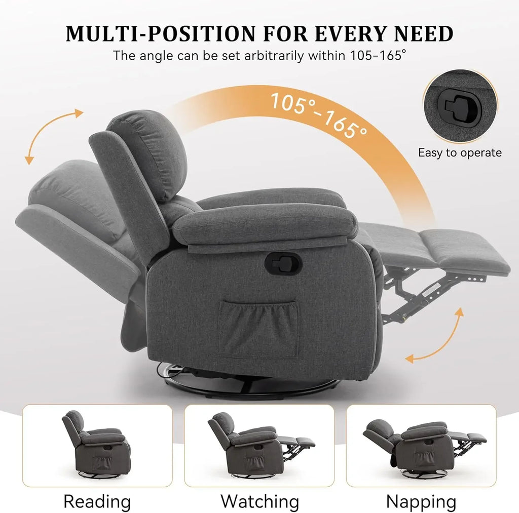 Recliner Chair, 360 Swivel Rocker Chair for Adults, Small Rocking Recliner for Small Spaces, Upholstered Fabric Glider Recliner