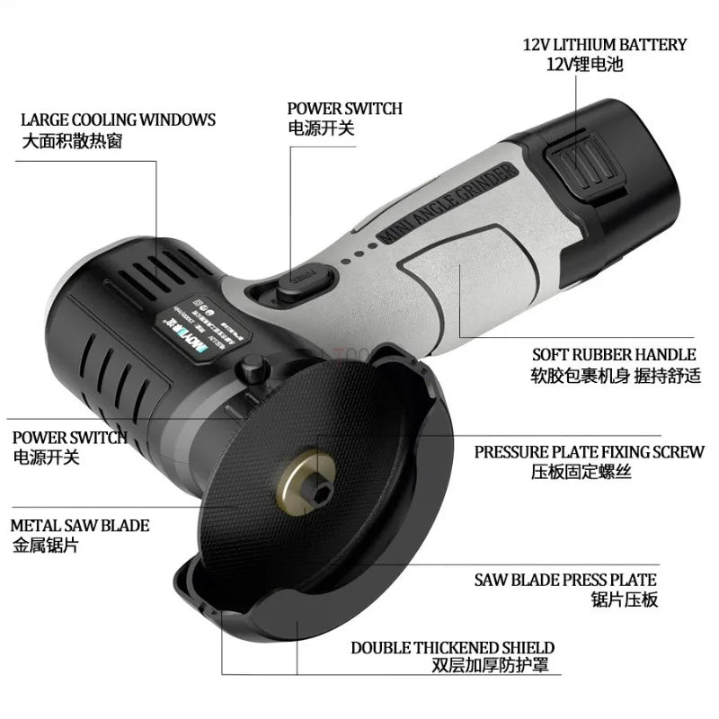 12V Mini Brushed Angle Grinder 3-inch Portable Lithium Battery Wireless Electric Polishing Machine Grinding and Cutting Tools