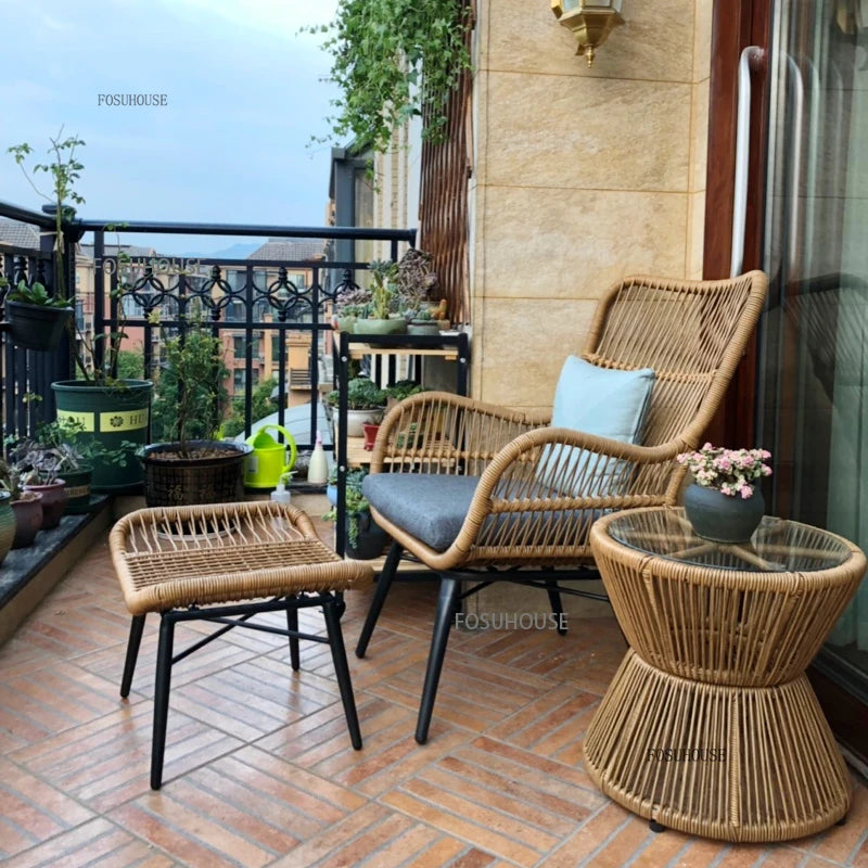 Rattan Chair Three Piece Set Balcony Table Combination Outdoor Furniture Armrest Single Rattan Sofa Recliner Patio Outdoor Chair