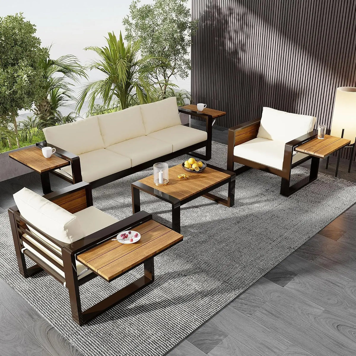 4-Piece Patio Set, All Weather Sectional w/ 2 Chairs, Loveseat & Table, Acacia Wood Outdoor Furniture with Cushions, Customized