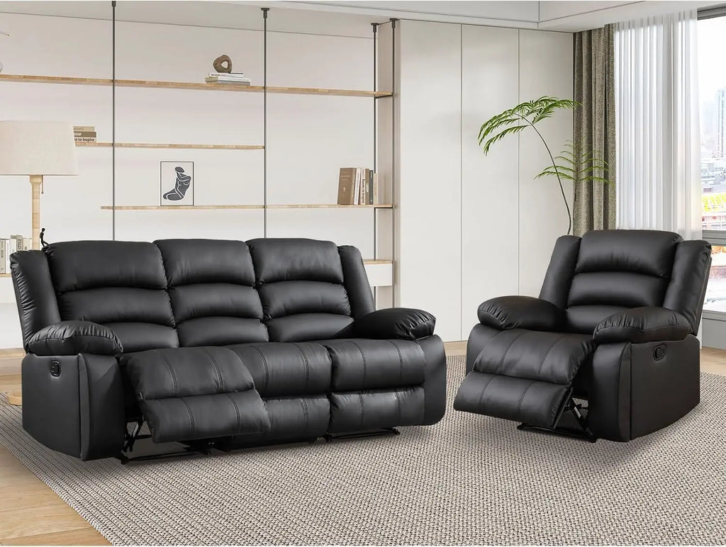 Faux Leather Manual Recliner Sofa Set, 3 Seat Reclining Sofa, Couch Furniture Set for Living Room, Black