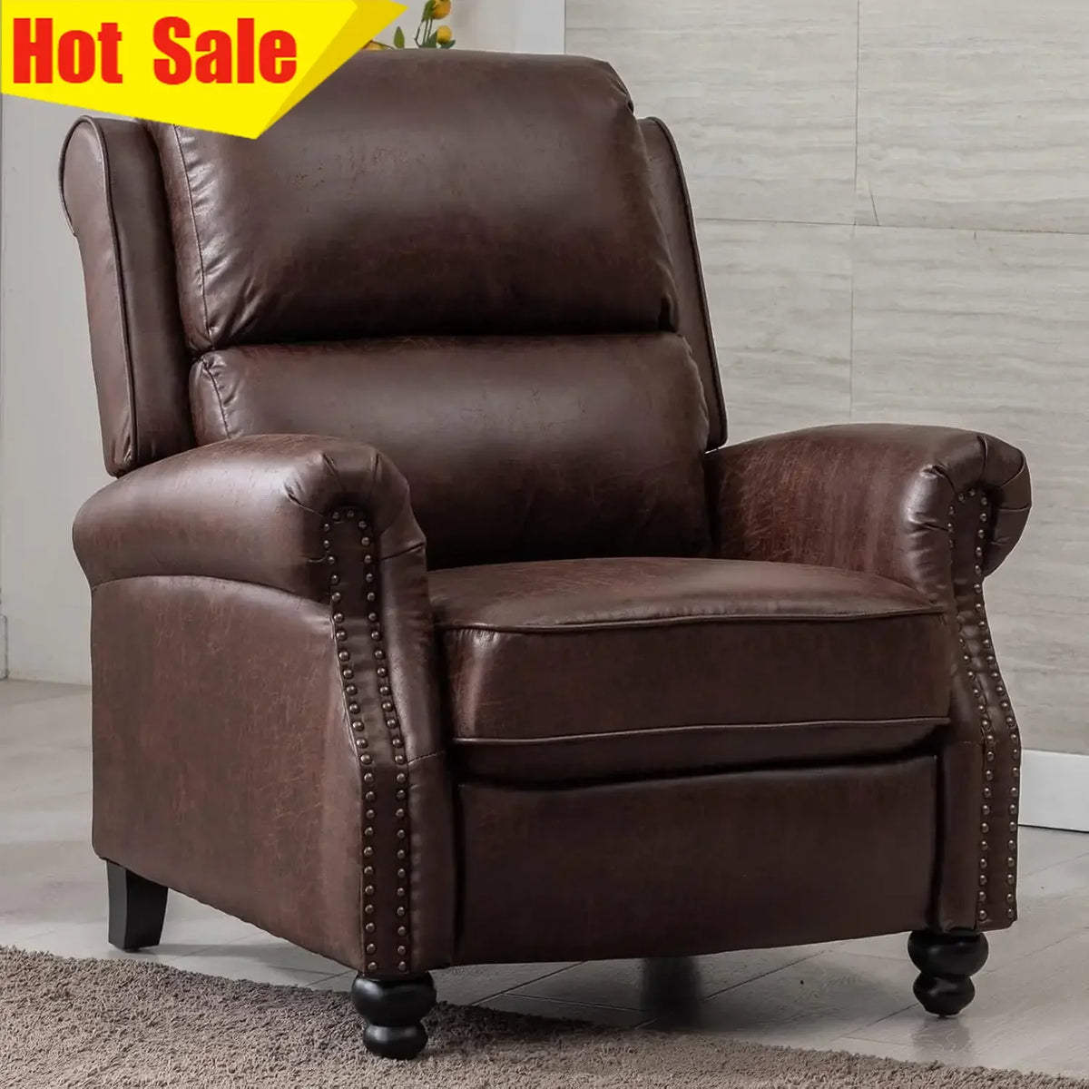 Reddish Brown Faux Leather Pushback Recliner Chair Single Sofa Accent Chair For Living Room
