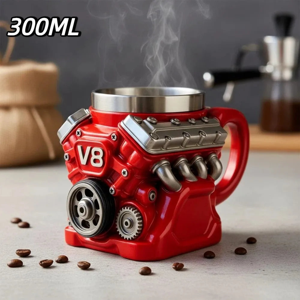 Retro Engine Coffee Mug with Handle 300ML V8 Engines Stainless Steel Cup Double Wall Realistic Design Insulation Car Mug
