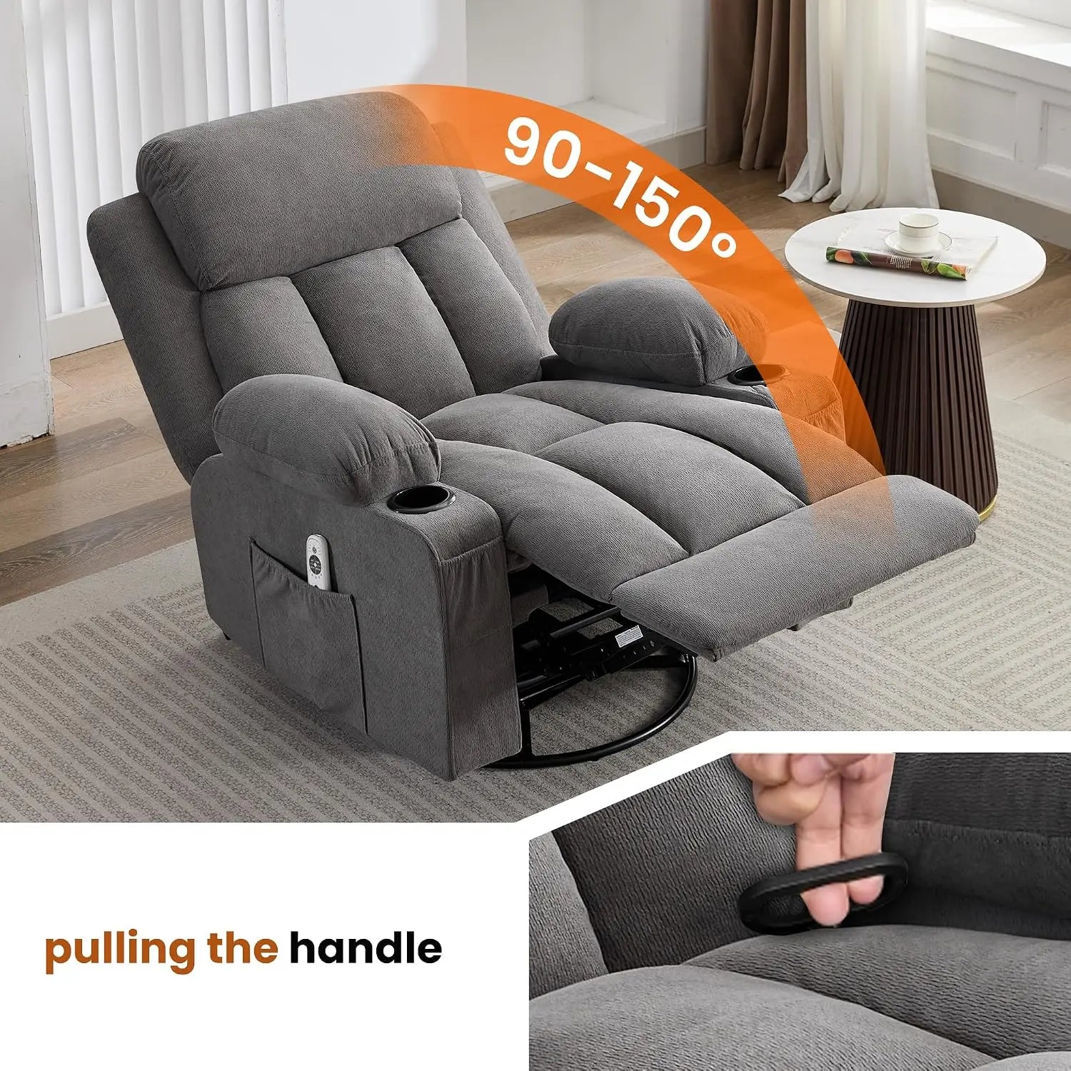 Swivel Rocker Recliner with Massage, Heat, USB, Cup Holders & Side Pocket for Living Room, Customized