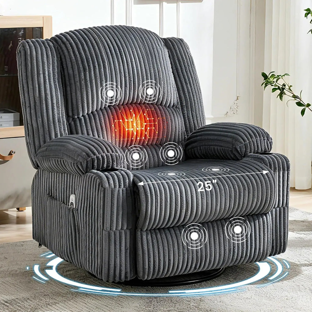 Oversized Corduroy Recliner Chair with Massage and Heat, 360° Swivel Rocker | Corduroy recliner with USB charging, cup holders a