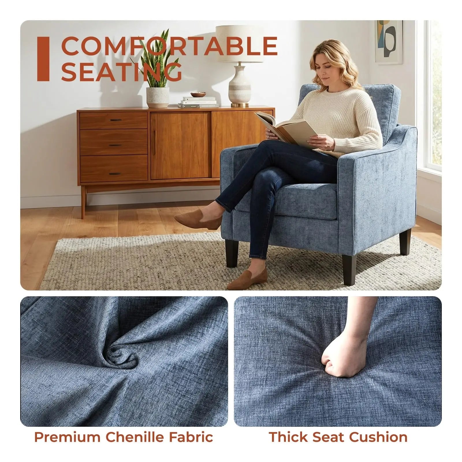 AOOU Accent Chair Mid Century Modern Living Room Upholstered Chenille Armchair Reading Chair, Single Sofa Chair with Removable Cover & Wood Legs for Living Room, Bedroom