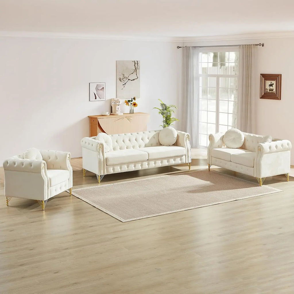 Sofa, Tufted Velvet Nailhead Trim Gold Legs, 3-Seater Deep Seat Living Room Bedroom Office 82" Beige, Customized