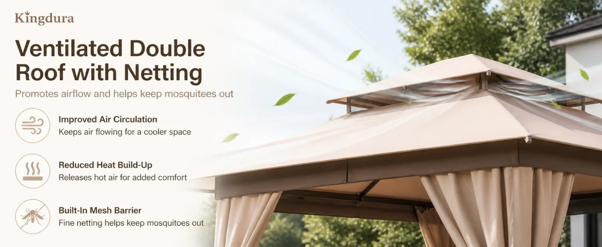 Kingdura 10'x10' Outdoor Gazebo, Heavy Duty Metal Patio Canopy Tent Shelter with Double Roof, Mosquito Netting & Privacy Curtain