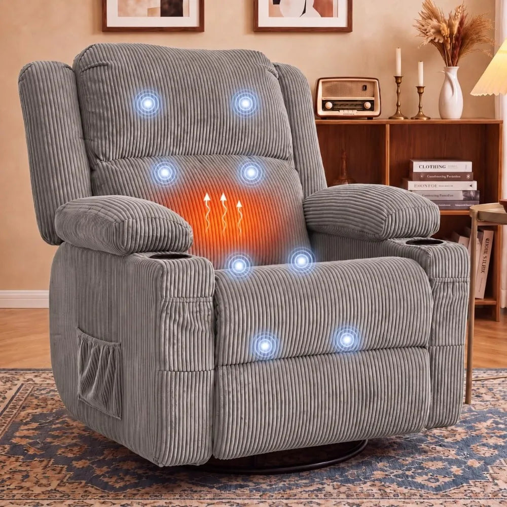 Swivel Rocker Recliner Chair with Heat & Vibration Massage, USB Port, Lounge Sofa for Living Room, Custom