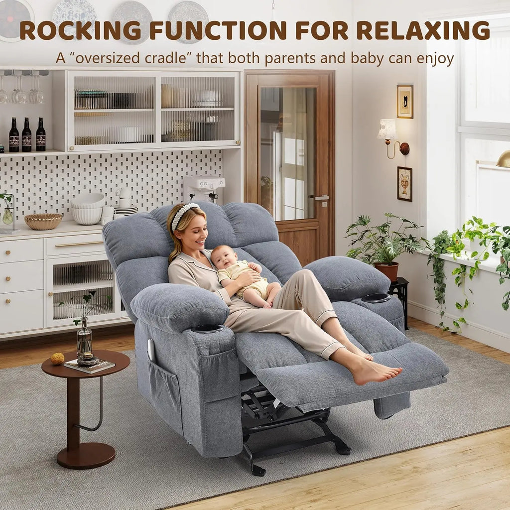 Massage Rocking Recliner with Vibration & Heat, Nursery Lounge Chair with 4 Pockets, 2 Cup Holders & USB Port, Grey, Custom