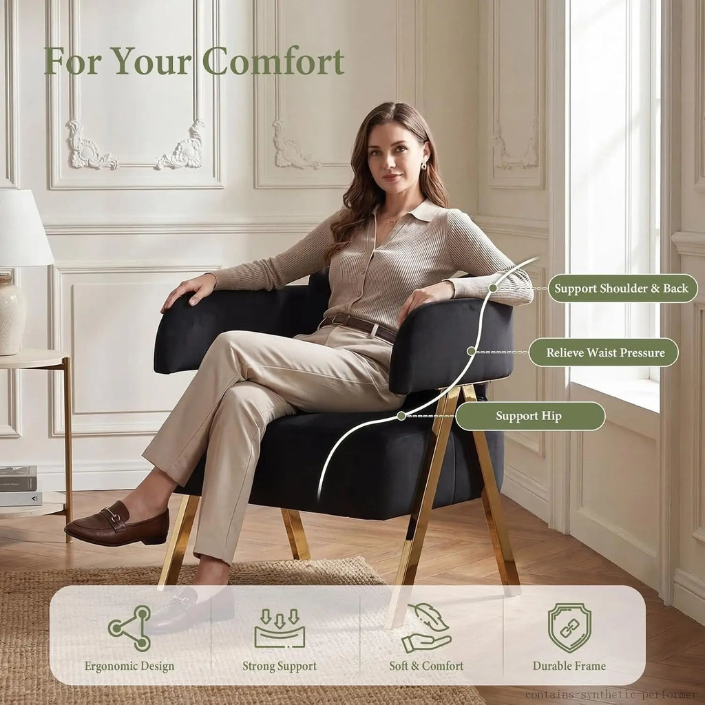Black Velvet Barrel Chair Set 2, Wide Seat Gold Legs Accent Armchair Living Room Bedroom Small Space, Customized