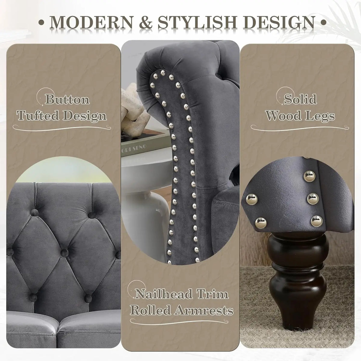 59" Chesterfield Loveseat Velvet Tufted Sofa with Rolled Arms & Nailhead for Living Room Bedroom Office, Grey, Customized