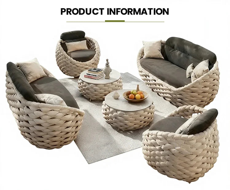 Modern Outdoor Furniture, Waterproof Weather Resistant, Rope Weaving Garden Sofa Set for Courtyard Hotel Patio Restaurant