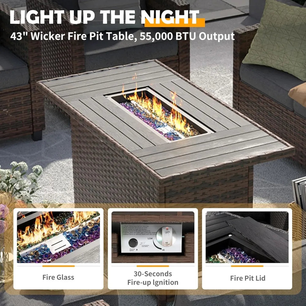 Outdoor Patio Furniture Set 44 Inch Fire Pit Table 6 Piece Sectional Sofa with Cushions