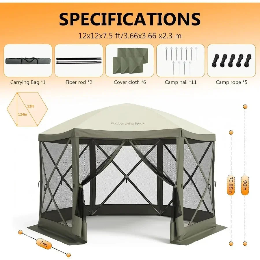 Feet Pop Up Canopy Tent, 6-Sided Portable Gazebo with Mosquito Netting and Removable Wind Cloths, Large Shelter Tent for Outdoo