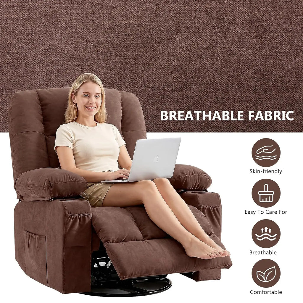 Swivel Rocker Recliner with Massage & Heat, Ergonomic Lounge Chair for Living Room with Pocket, 2 Cup Holders, USB, Customized