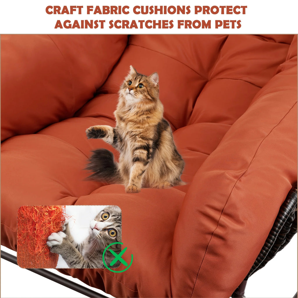 The Papasan rocking chair is suitable for outdoor use. This all-weather wicker Papasan patio chaircomeswithcushions and pillows.