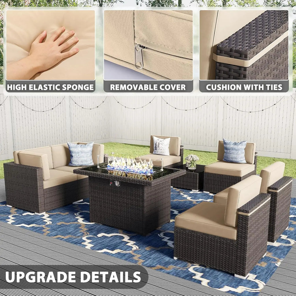 u*-8 Pieces Patio Furniture Set With 44" Propane Gas Fire Pit Table, Outdoor Sectional Brown Rattan Wicker, Customized