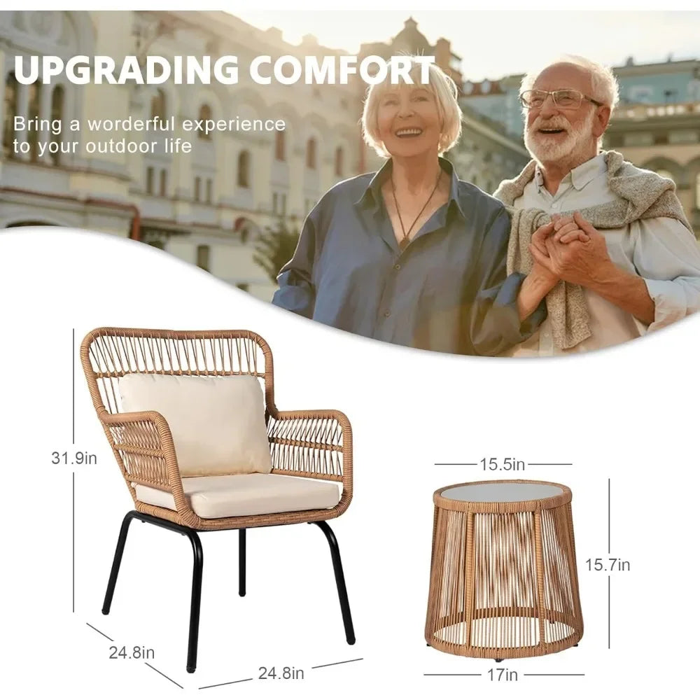 3 Piece Outdoor Wicker Furniture Bistro Set, Rattan Chairs Conversation Porch