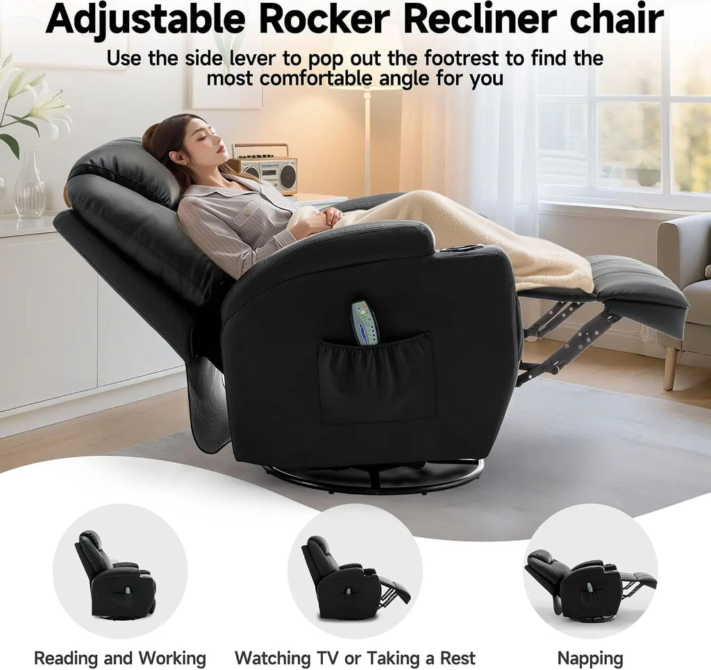 Recliner Chair Rocking with Massage Heat 360 Swivel Manual Remote Cup Holder Living Room
