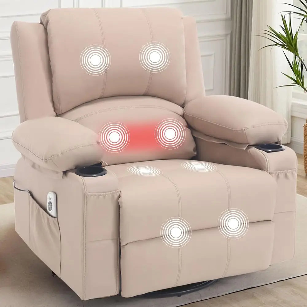 Leather Swivel Rocker Recliner with Heat Massage and Cup Holders, Plush Rocking Glider Chair with Heated Massaging Recline, Beig